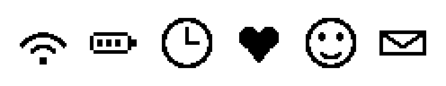 Six monochrome icons — wifi, battery, clock, heart, smiley, mail — rendered at 6x from the generated bitmap data