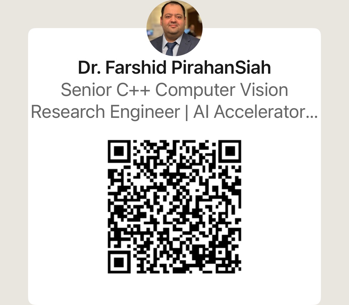 LinkedIn QR card for Dr. Farshid Pirahansiah — scan to connect